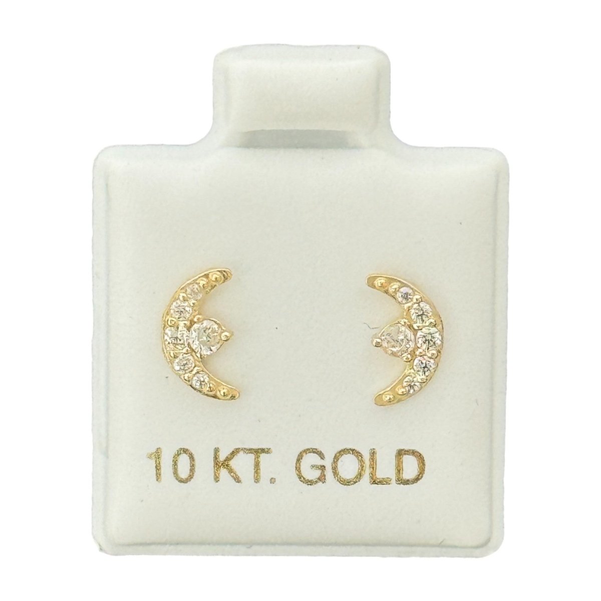 10KT Gold Crescent Moon Stud Earrings with CZ Stones - Main Front View by Silver Factory