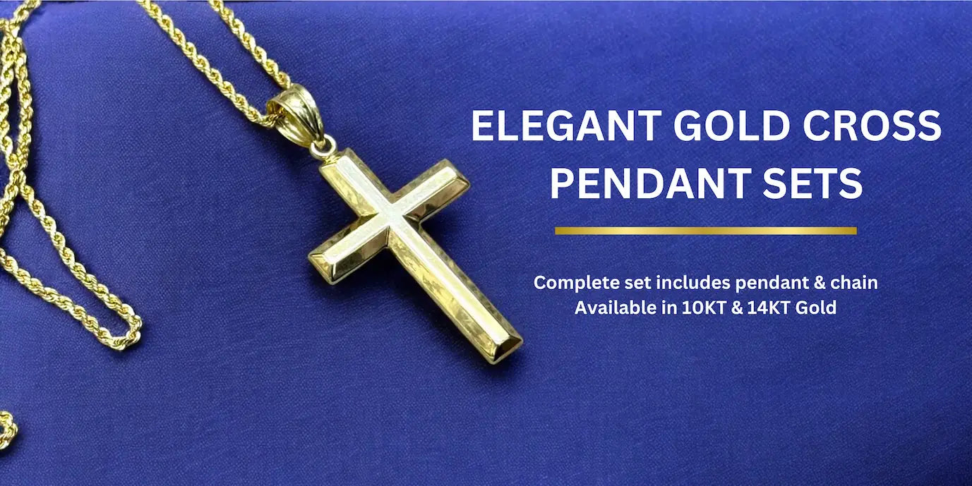 Gold cross pendant with chain on a blue background, featuring text about the product.