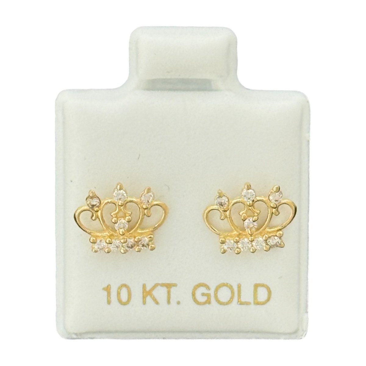 10KT Gold Crown Stud Earrings with CZ Stones - Main Front View by Silver Factory
