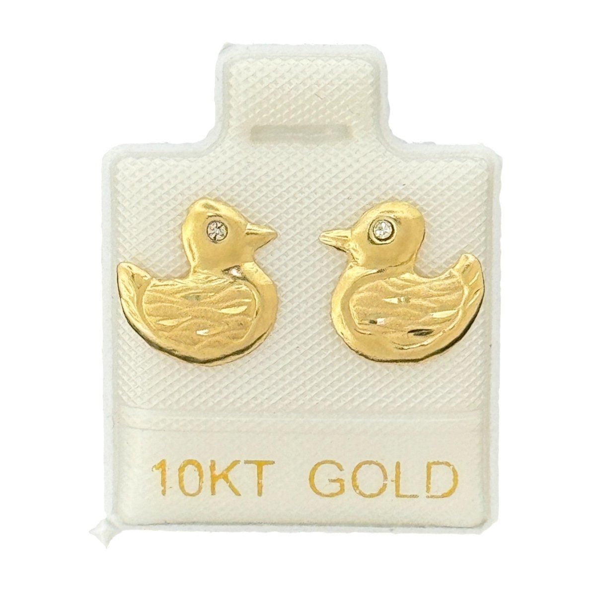 10KT Gold Duck Stud Earrings with CZ Stones - Main Front View by Silver Factory
