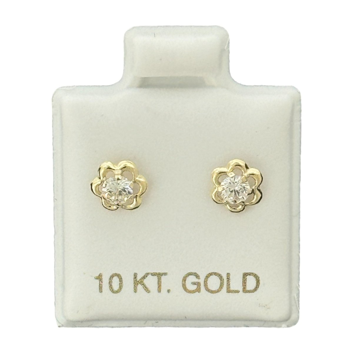 10KT Gold Flower Stud Earrings with Center CZ - Main Front View by Silver Factory