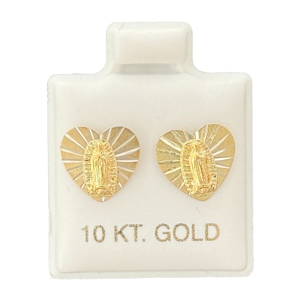 10KT Gold Heart Virgin Mary Earrings - Main Front View by Silver Factory