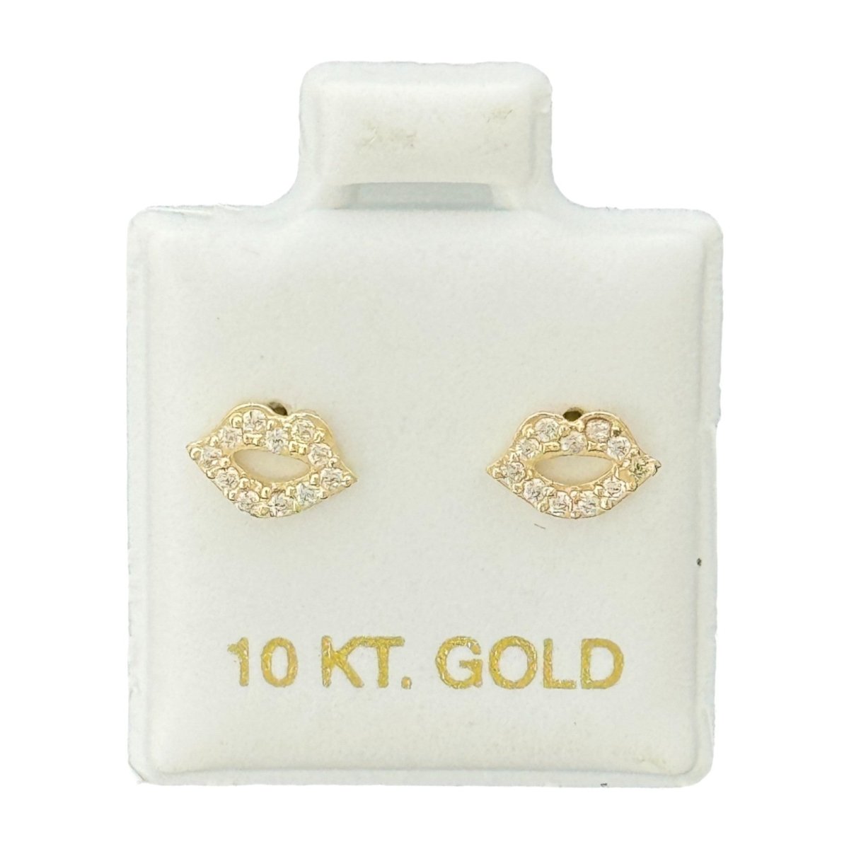 10KT Gold Lips Stud Earrings with CZ Stones - Main Front View by Silver Factory