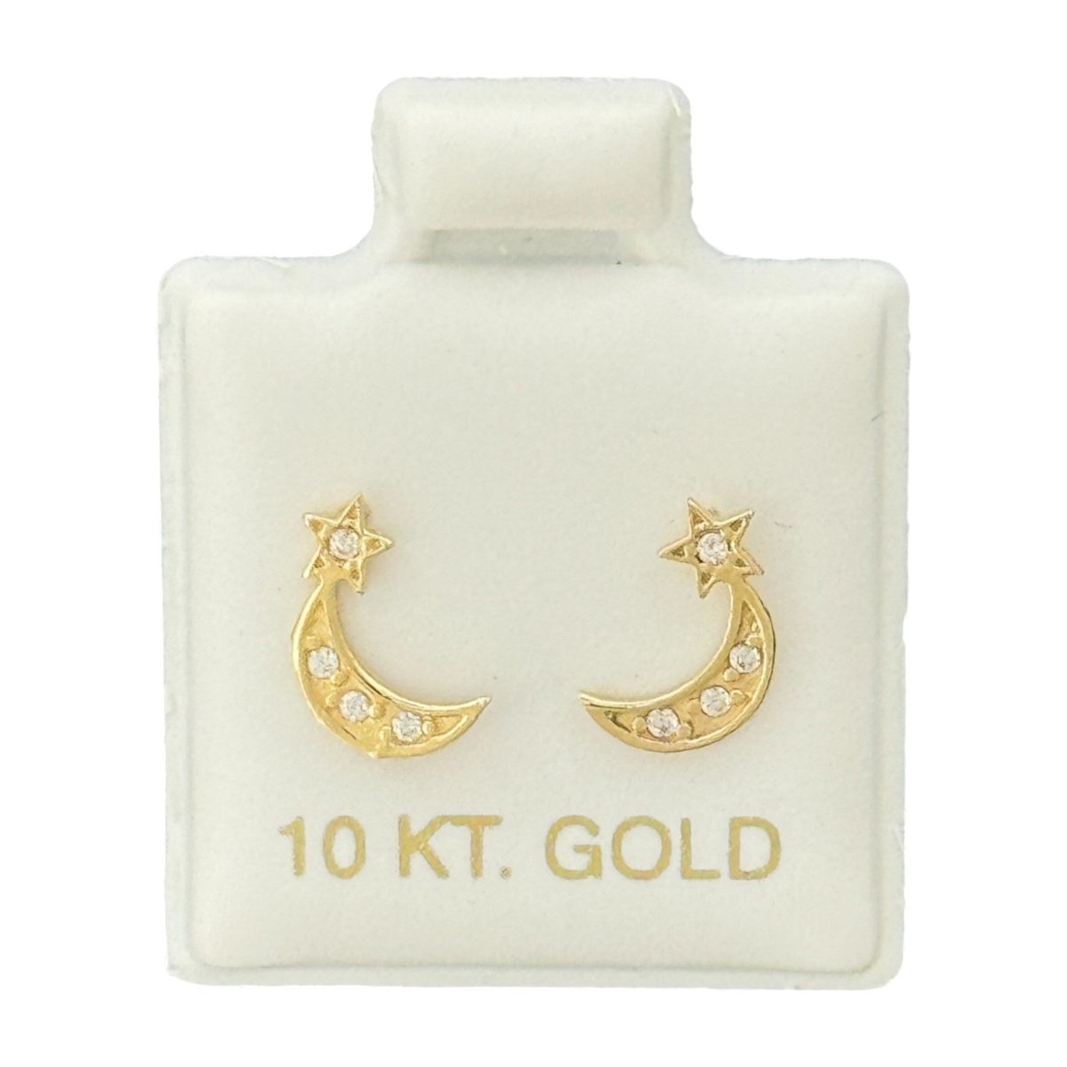 10KT Gold Moon and Star Stud Earrings with CZ Stones - Main Front View by Silver Factory