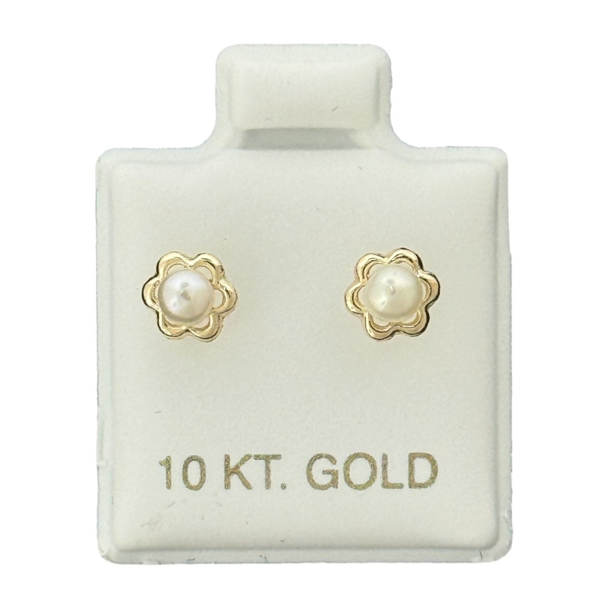 10KT Gold Pearl Flower Stud Earrings - Main Front View by Silver Factory