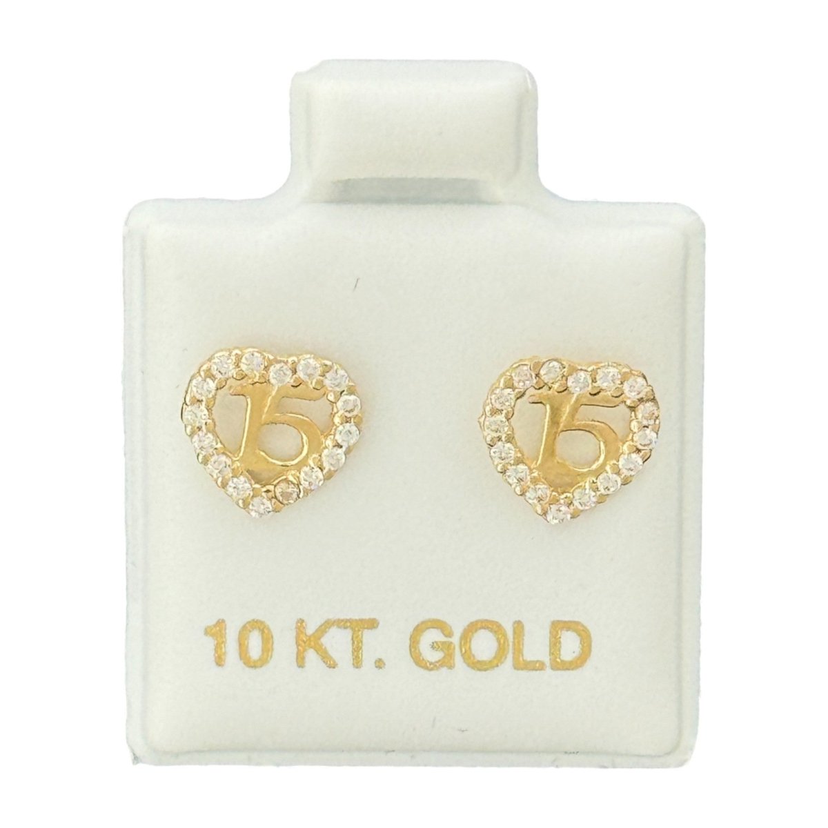 10KT Gold Quinceañera Heart Stud Earrings with CZ Border - Main Front View by Silver Factory