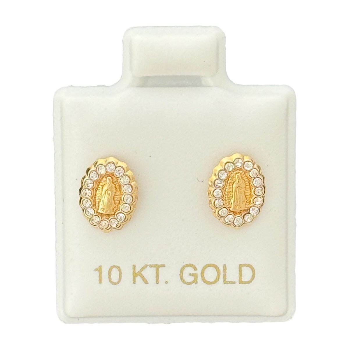 10KT Gold Virgin Mary CZ Stud Earrings - Main Front View by Silver Factory