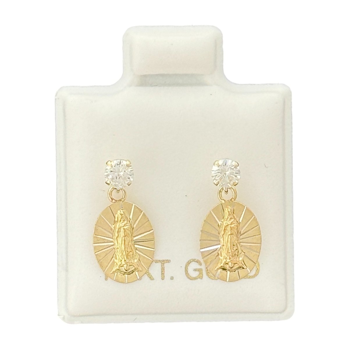 10KT Gold Virgin Mary Drop Earrings - Main Front View by Silver Factory