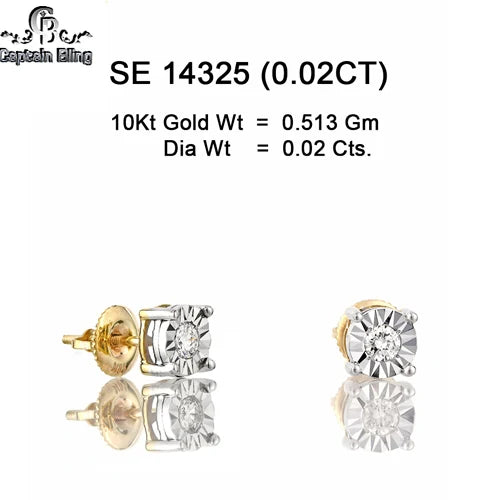 10KT yellow gold tiny miracle plate diamond stud earrings 0.02ct total weight SI clarity with secure screw backs – real size reference SE14325