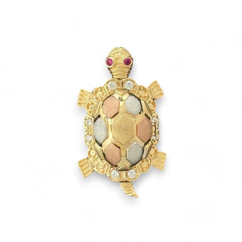 14KT Tri - Color Gold 3D Turtle Pendant with CZ Accents