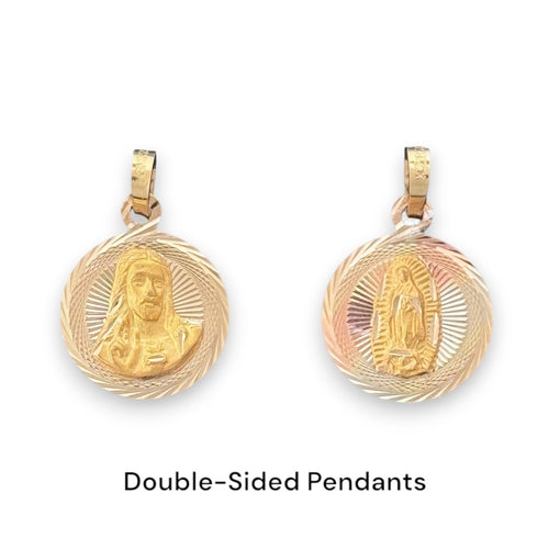 14KT Tri - Color Gold Double - Sided Jesus and Virgin Mary Round Pendant