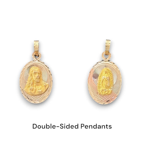 14KT Tri - Color Gold Double - Sided Sacred Heart and Virgin Mary Oval Pendant