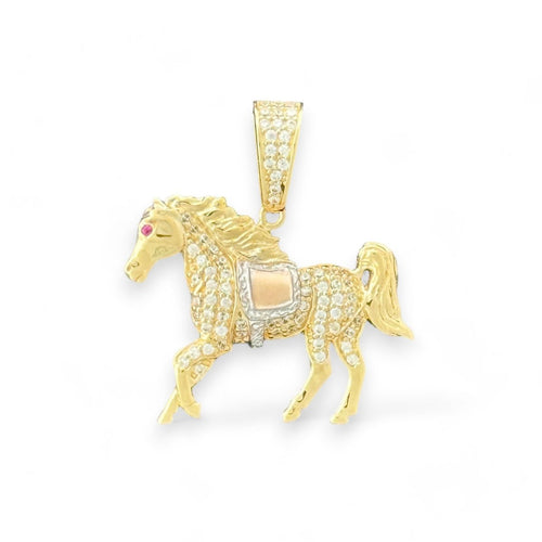 14KT Tri - Color Gold Horse Pendant With CZ Stones