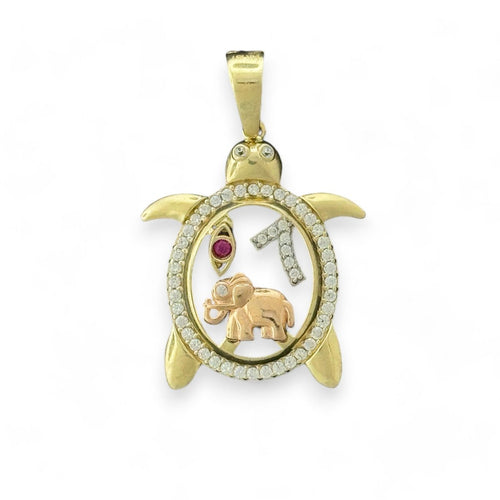 14KT Tri - Color Gold Lucky Turtle Pendant with CZ Accents