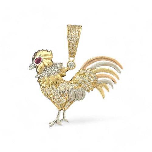 14KT Tri - Color Gold Rooster Pendant with Ruby Eye