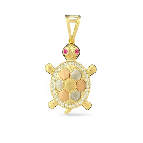 14KT Tri - Color Gold Turtle Pendant with CZ Accents