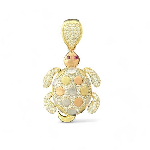 14KT Tri - Color Gold Turtle Pendant with CZ Accents