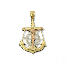 Load image into Gallery viewer, 14KT Tri - Tone Gold Crucifix with Anchor and Ship Wheel Pendant
