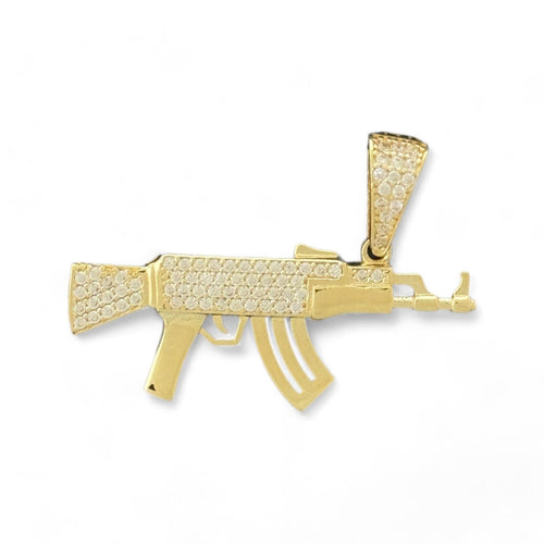 14KT Yellow Gold AK - 47 Pendant with CZ Accents