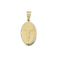 Load image into Gallery viewer, 14KT Yellow Gold Crucifix Oval Pendant with CZ Accents
