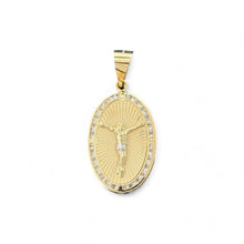 Load image into Gallery viewer, 14KT Yellow Gold Crucifix Oval Pendant with CZ Accents
