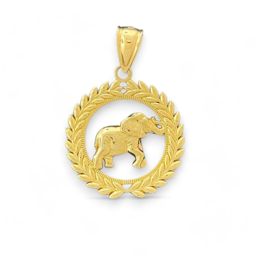 14KT Yellow Gold Elephant Pendant with Wreath Design