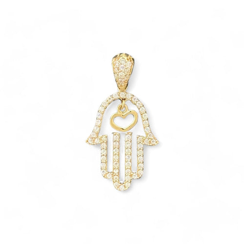 14KT Yellow Gold Hamsa Hand Pendant with Hanging Heart