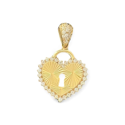 14KT Yellow Gold Heart Lock Pendant with CZ Stones