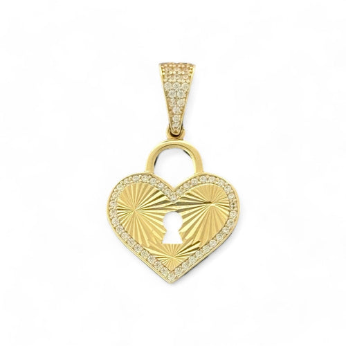 14KT Yellow Gold Heart Lock Pendant with CZ Stones