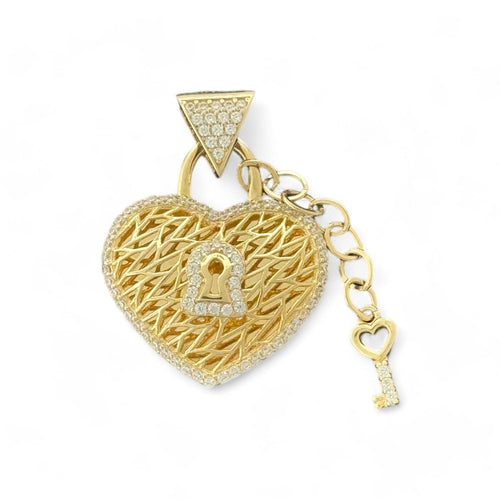 14KT Yellow Gold Heart Lock Pendant with Key