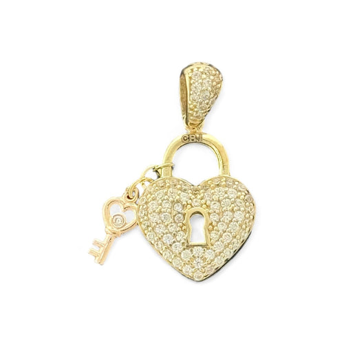 14KT Yellow Gold Heart Lock Pendant with Key and CZ Stones