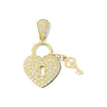 Load image into Gallery viewer, 14KT Yellow Gold Heart Lock Pendant with Key and CZ Stones
