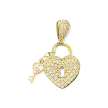 Load image into Gallery viewer, 14KT Yellow Gold Heart Lock Pendant with Key and CZ Stones
