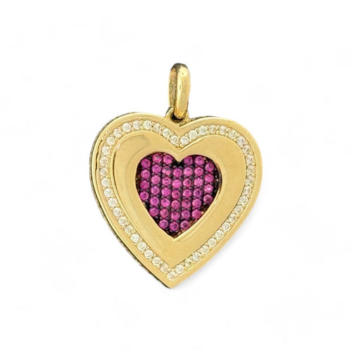 14KT Yellow Gold Heart Pendant with Red and CZ Stones