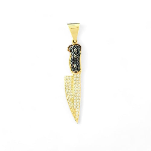 14KT Yellow Gold Knife Pendant with Black CZ Accents