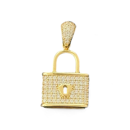 14KT Yellow Gold Lock Pendant with CZ Stones