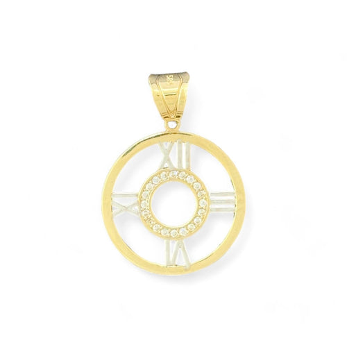 14KT Yellow Gold Roman Numeral Circle Pendant with CZ Accents