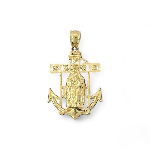 14KT Yellow Gold Virgin Mary with Anchor and Cross Pendant