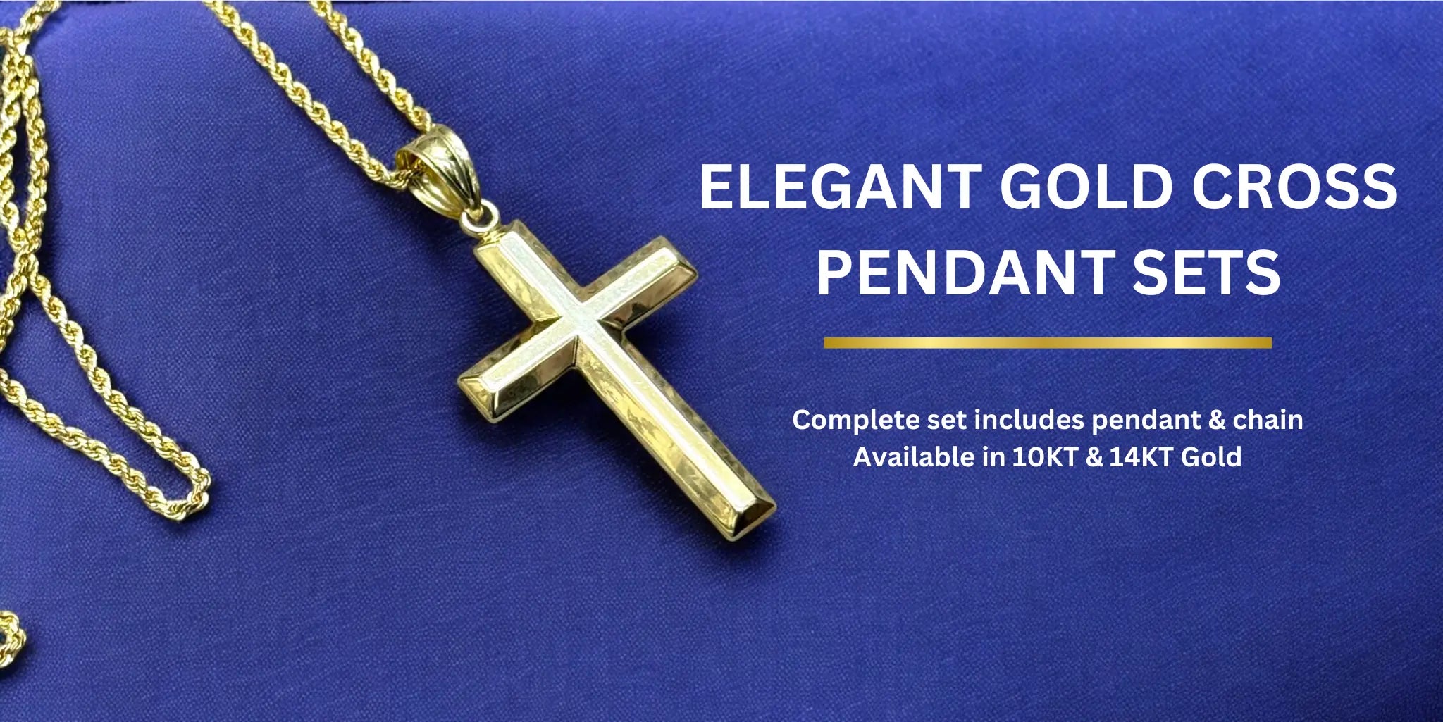 Gold cross pendant with chain on a blue background