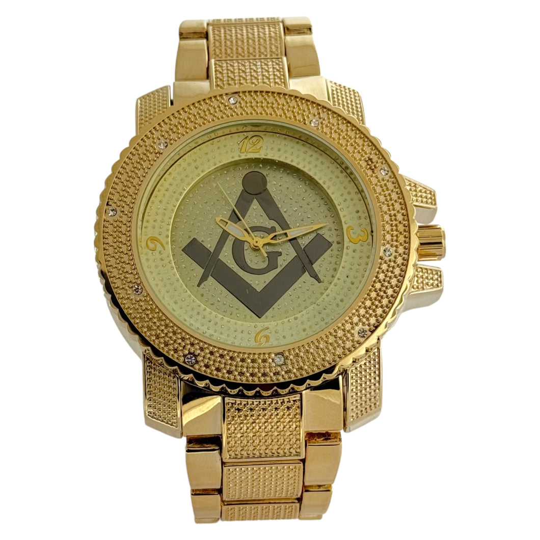 Masonic Iced Out Gold Stainless Steel Watch