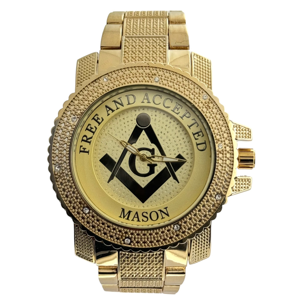 Free and Accepted Masonic Iced Out Gold Stainless Steel Watch