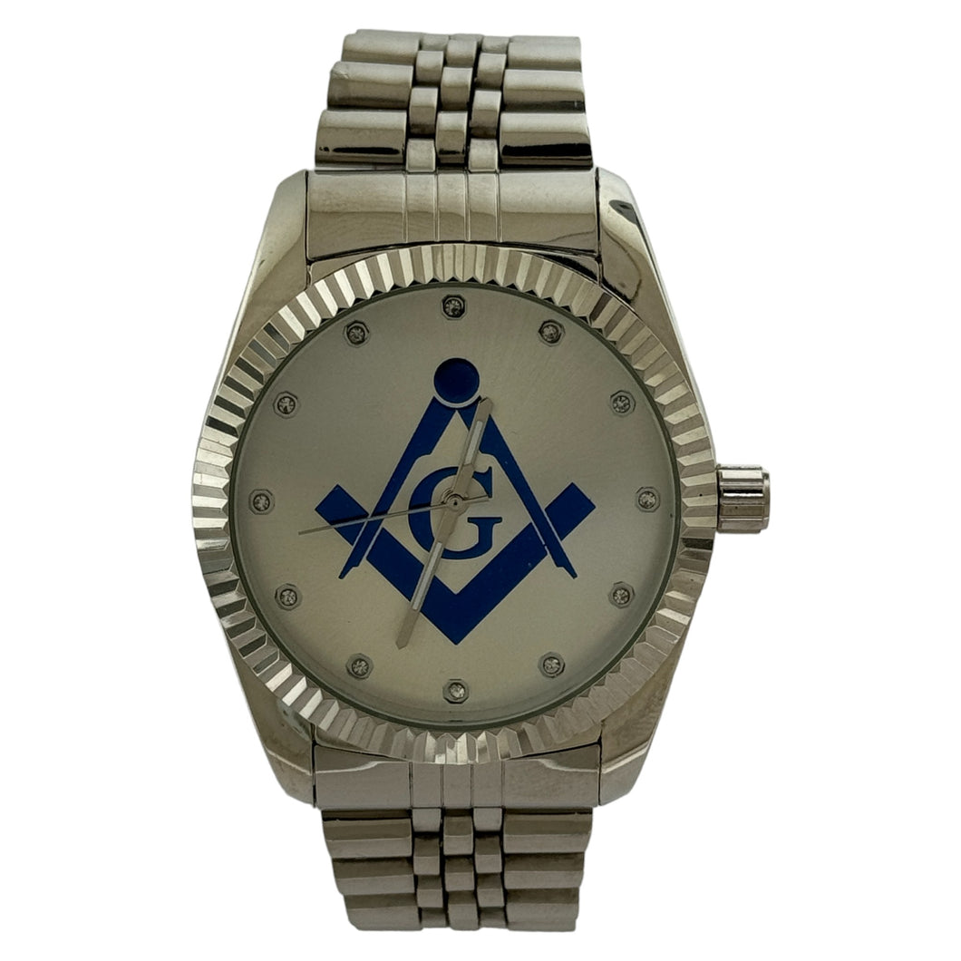 Captain Bling Masonic Silver Stainless Steel Watch: Blue Tone
