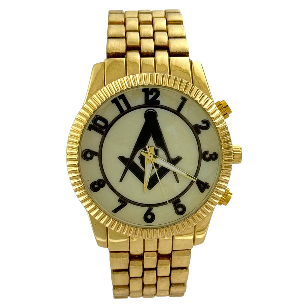 Captain Bling Masonic Gold Stainless Steel Watch: White Opal