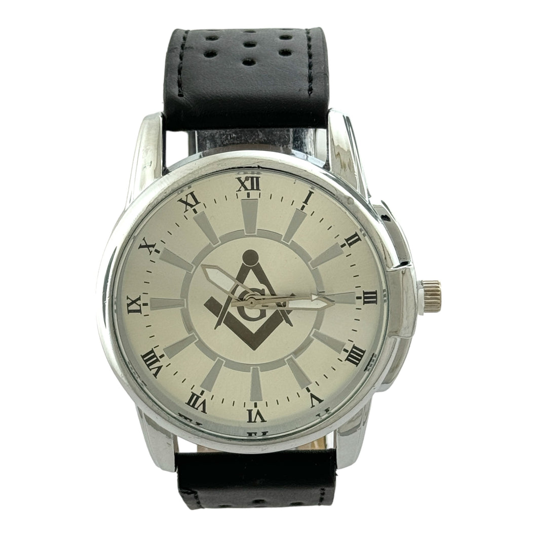 Captain Bling Masonic PU Leather Men's Watch: Silver with Roman Numerals