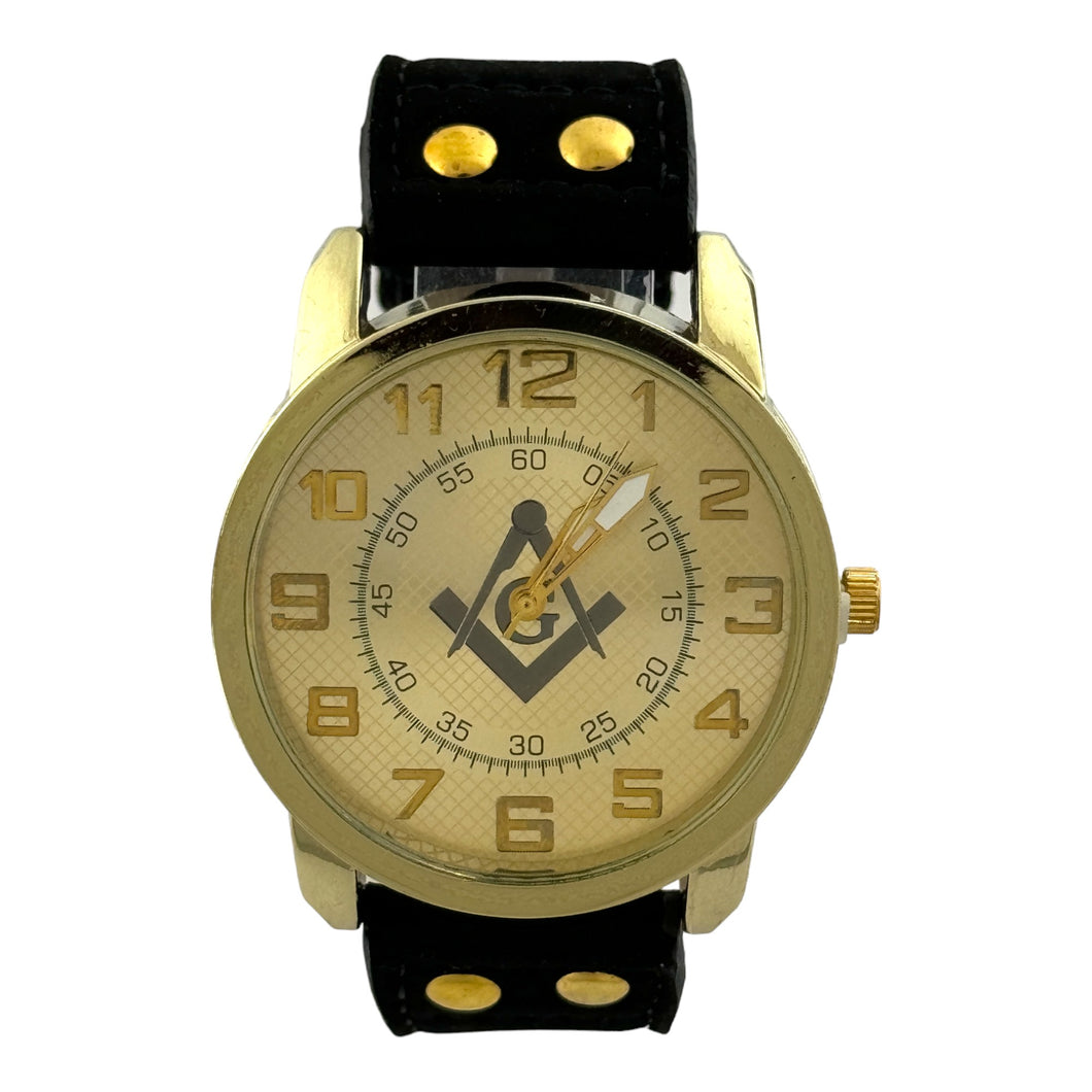 Captain Bling Masonic Nubuck Leather Men's Watch: Gold Tone