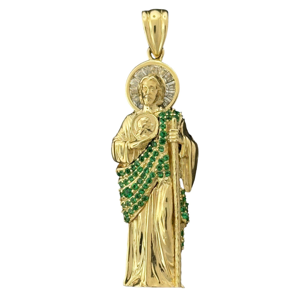 10KT Gold Saint Pendant with Green CZ Stones - 4.04g Religious Jewelry