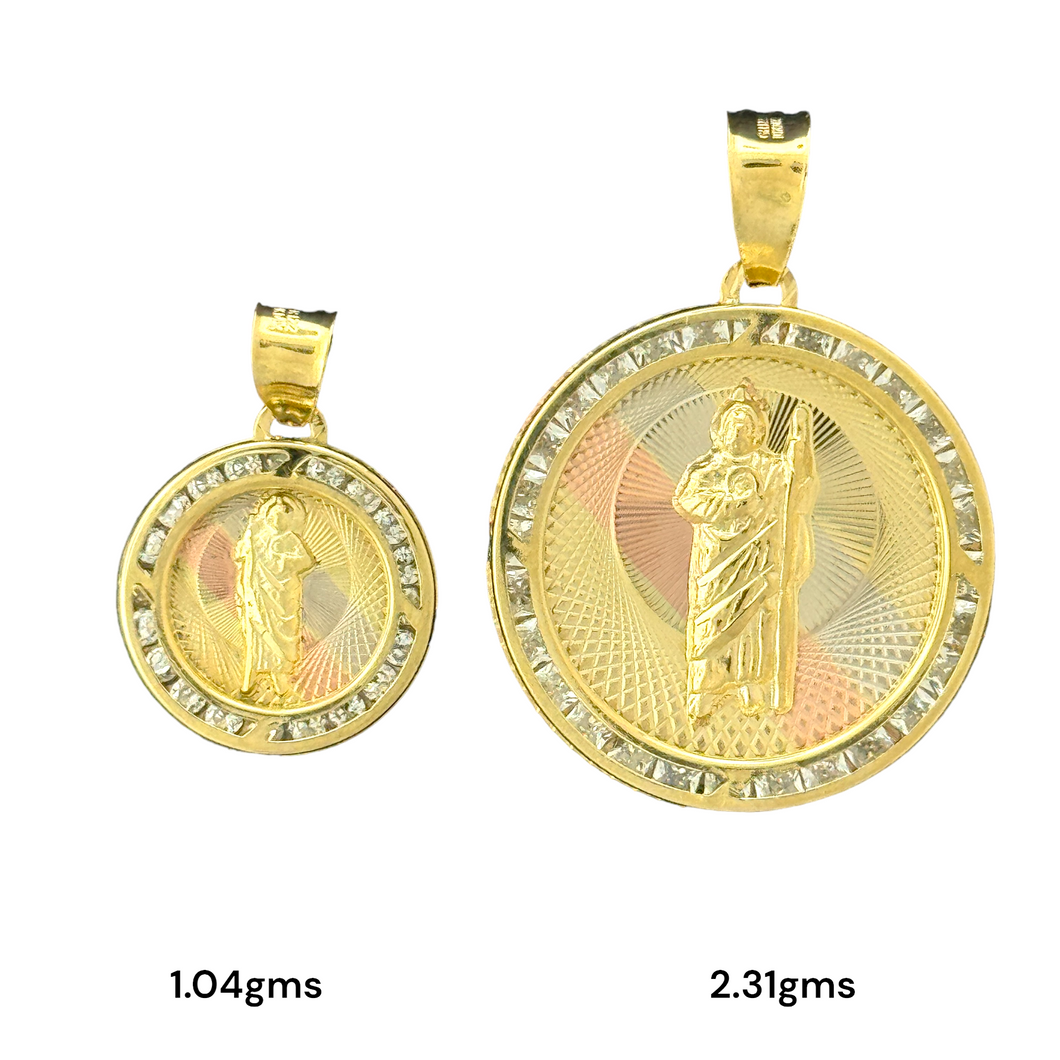 10KT Gold Round Saint Pendant with CZ Stones - 1.04g and 2.31g