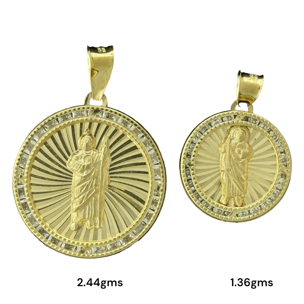 10KT Gold Round Saint Pendant with CZ Stones - 2.44g and 1.36g