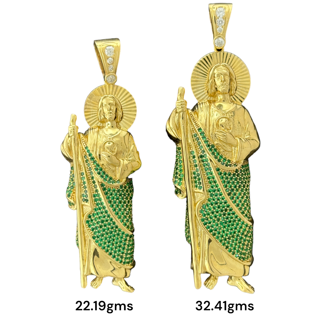 10KT Gold Saint Pendant with Green CZ Stones - 22.19g and 32.41g