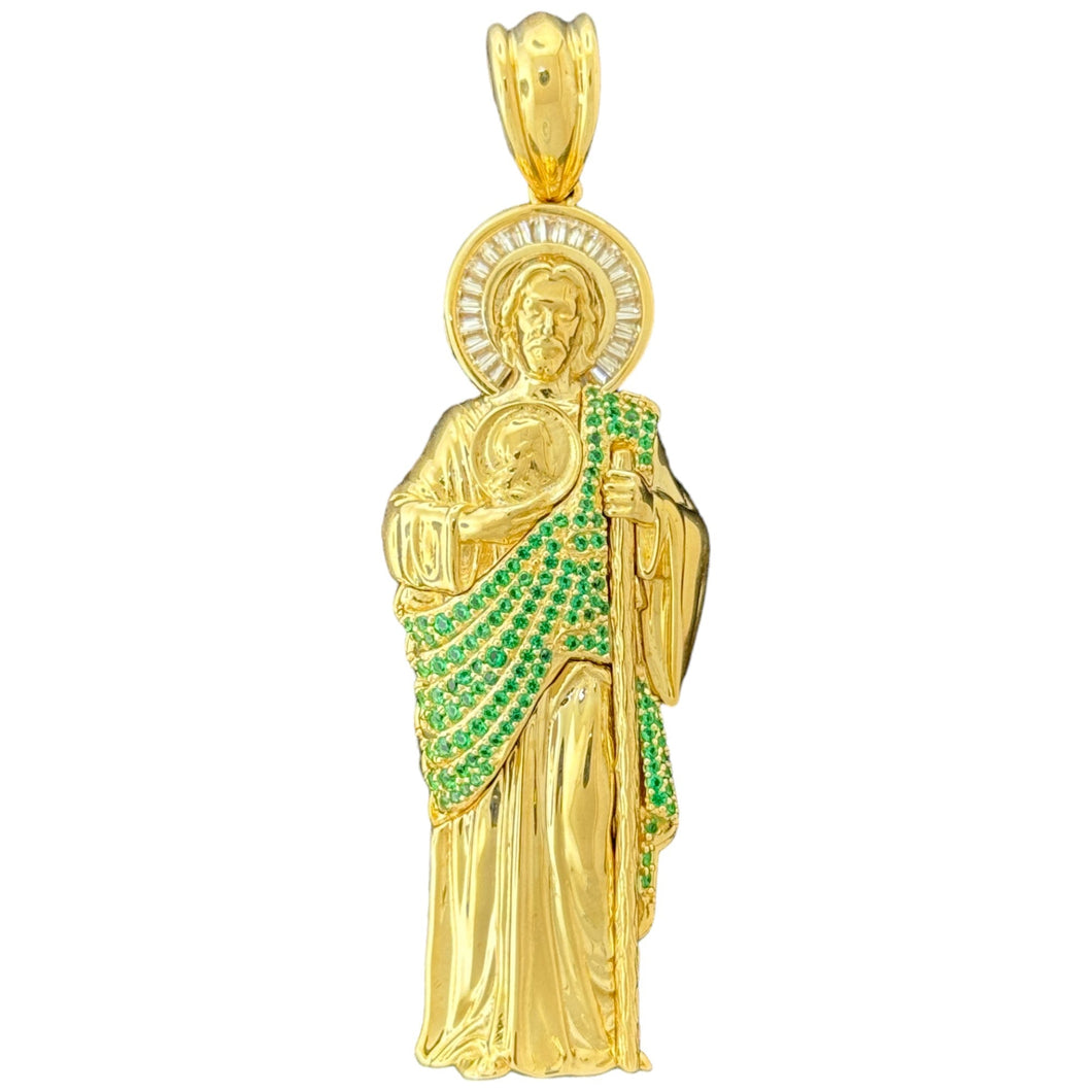 10KT Gold Saint Pendant with Green CZ Stones - 11.07g